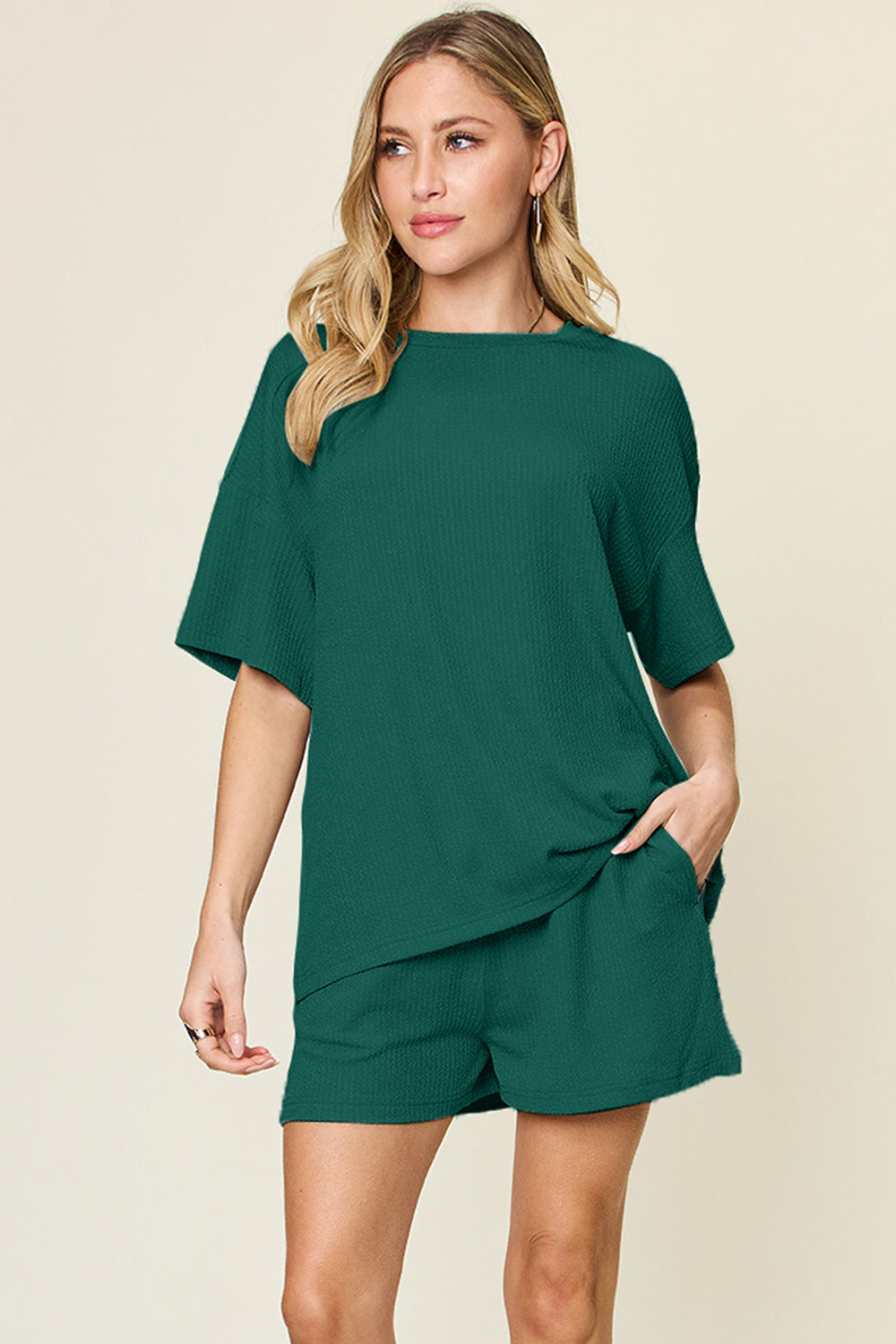 Slightly Stretchy Round Neck T-Shirt & Shorts Set Deep Teal