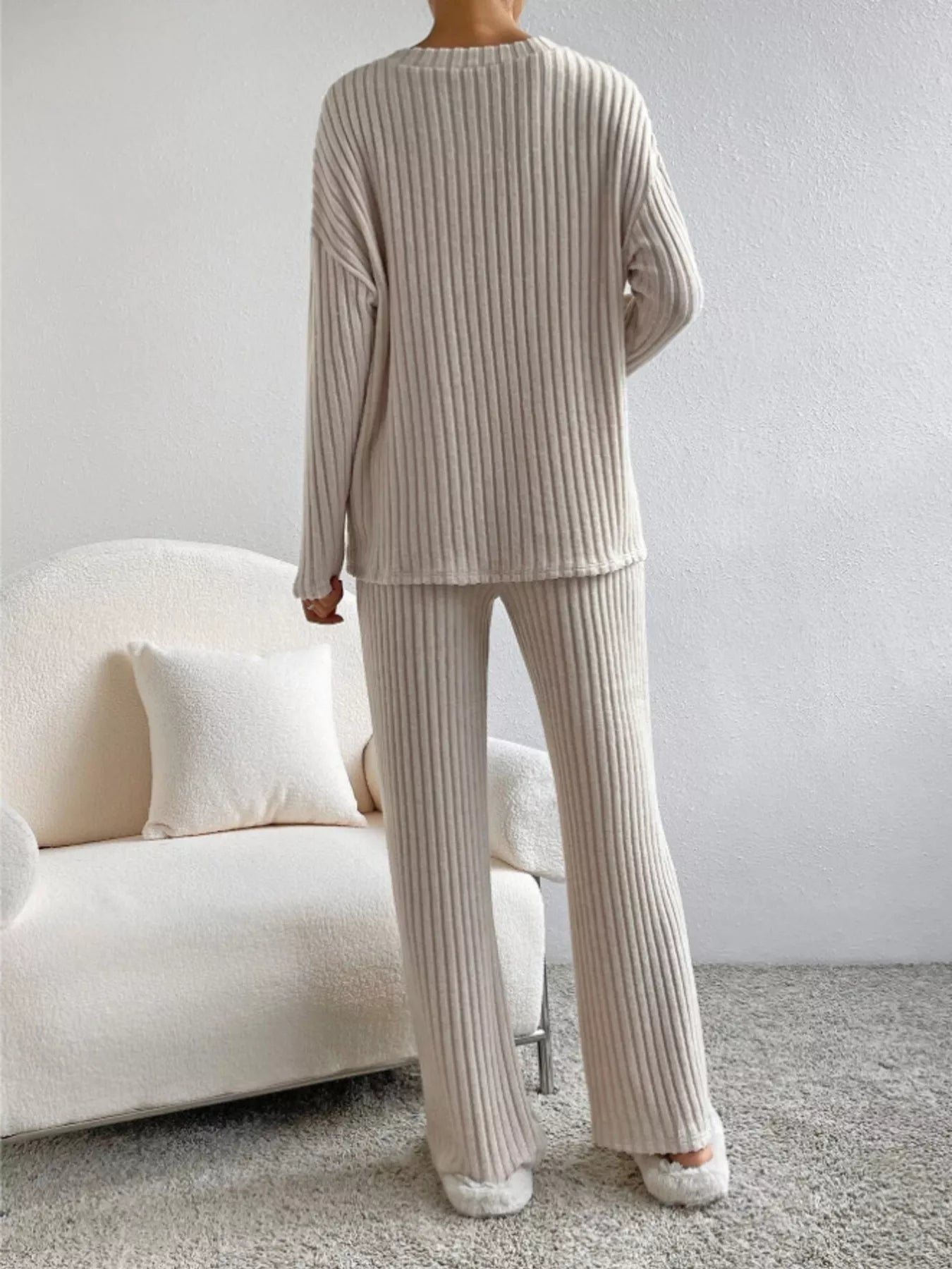 Ribbed Knit Long Sleeve Top and Pants Set