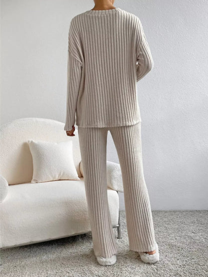 Ribbed Knit Long Sleeve Top and Pants Set