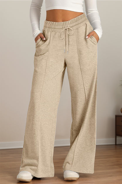 Drawstring Elastic Waist Wide Leg Pants Tan