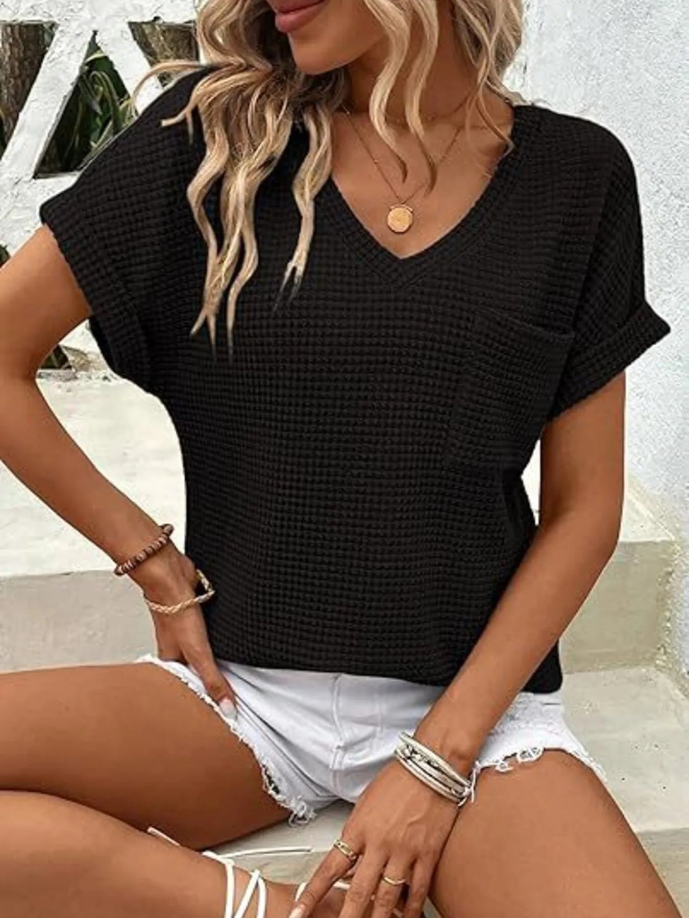 Waffle Knit V-Neck Casual T-Shirt