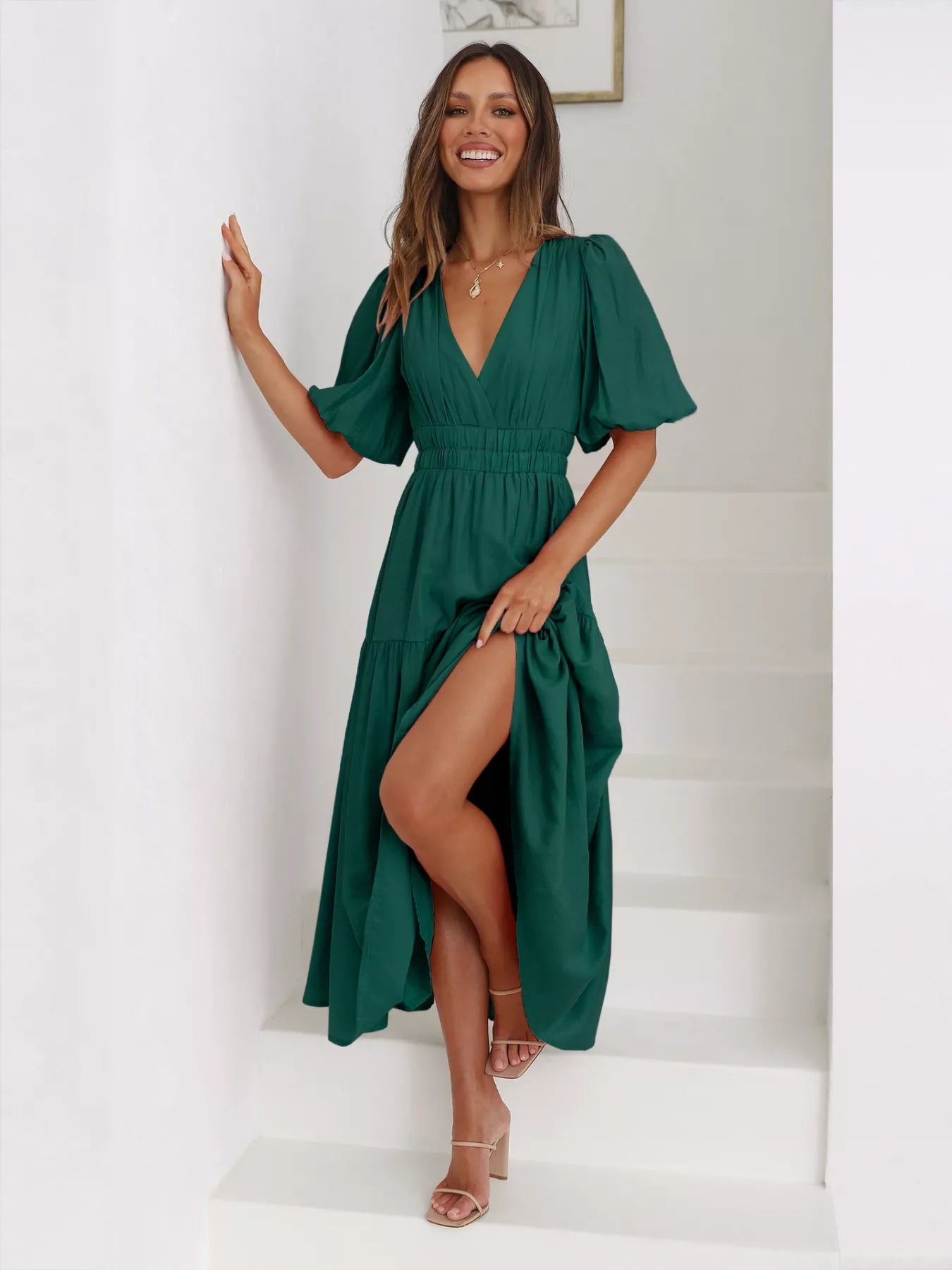 Tiered Puff Sleeve Midi Dress
