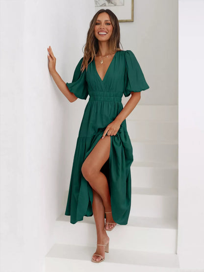 Tiered Puff Sleeve Midi Dress