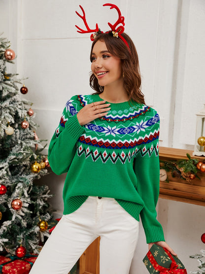 Geometric Round Neck Long Sleeve Sweater Green