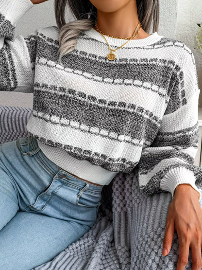 Color Block Round Neck Cropped Sweater Dark Gray