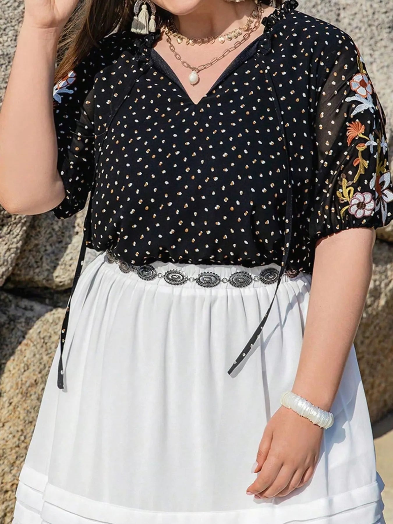 Plus Size Printed Tie Neck Half Sleeve Blouse