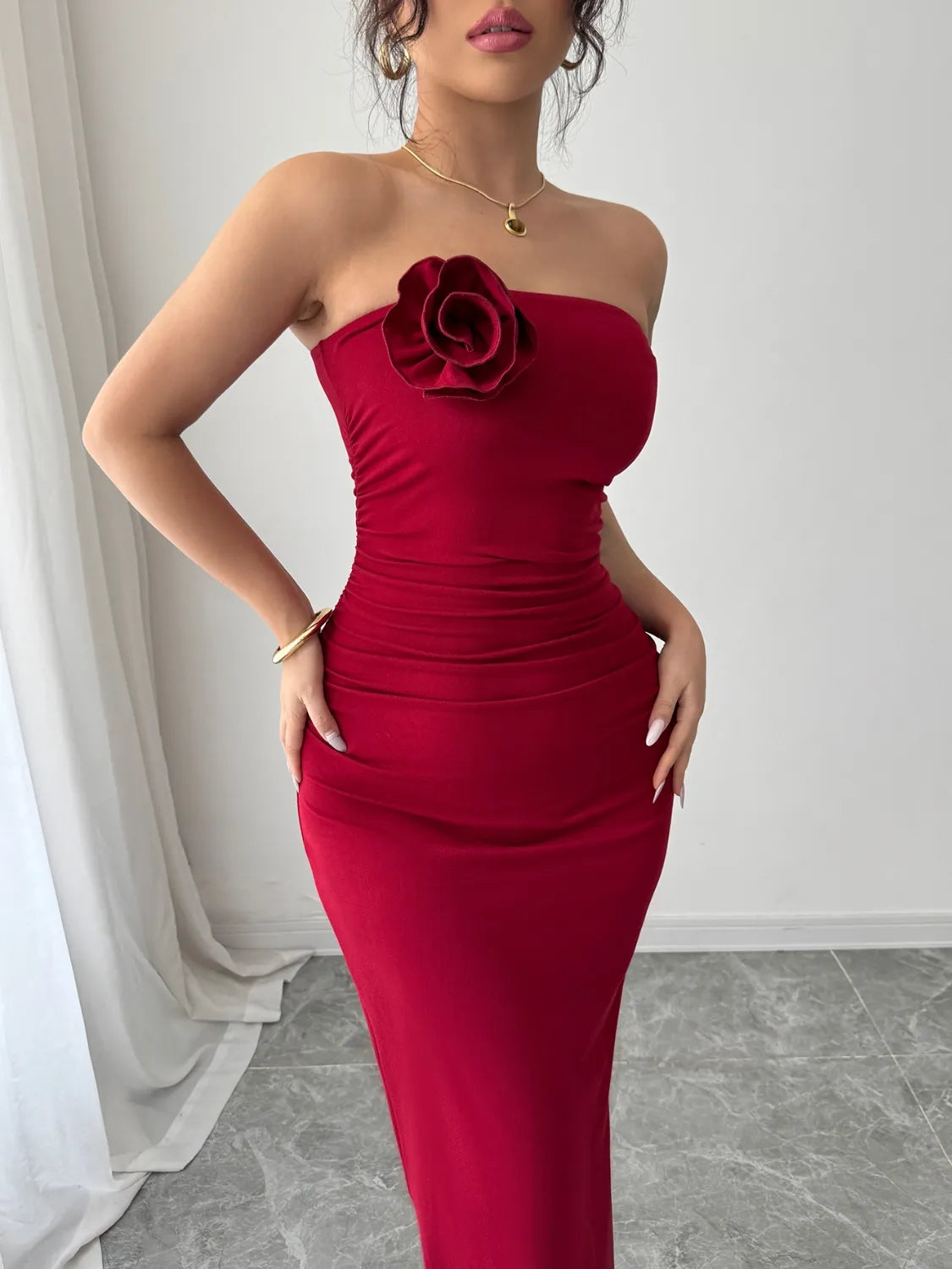 Slit Back Flower Tube Midi Dress Scarlet