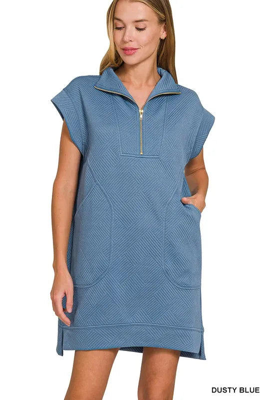 Zenana Textured Knit Jacquard Quarter Zipper Mini Dress DUSTY BLUE
