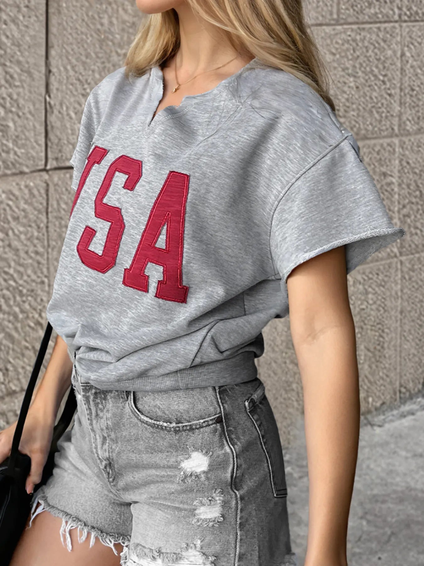USA Lettering Patch Notched Neck T-Shirt