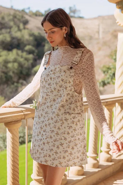 Annie Wear Stretch Ditsy Print Denim Overall Mini Dress