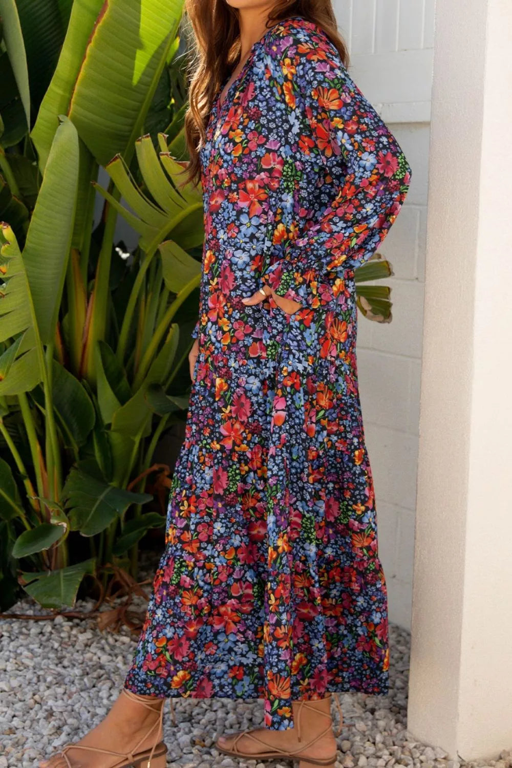 Floral Notched Flounce Sleeve Maxi Dress