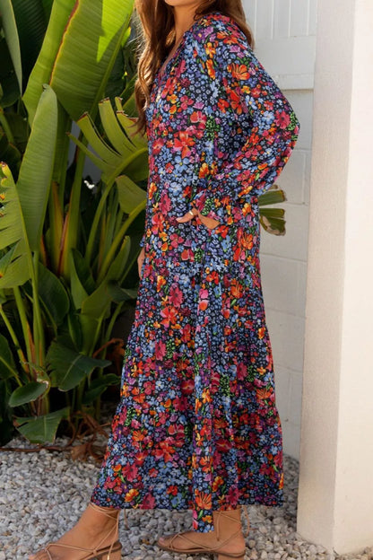Floral Notched Flounce Sleeve Maxi Dress