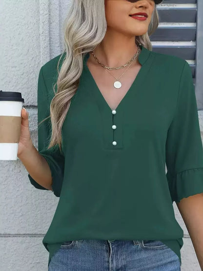 Full Size Notched Flounce Sleeve Blouse Plus Size Green