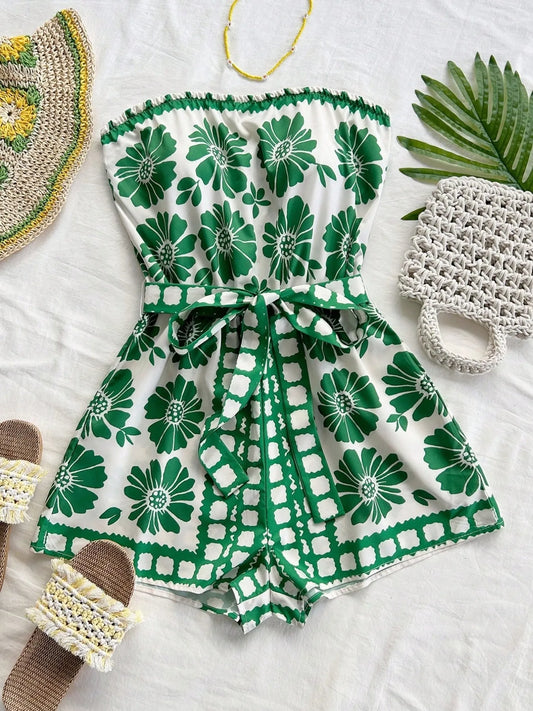 Printed Tube Tie Waist Romper Green