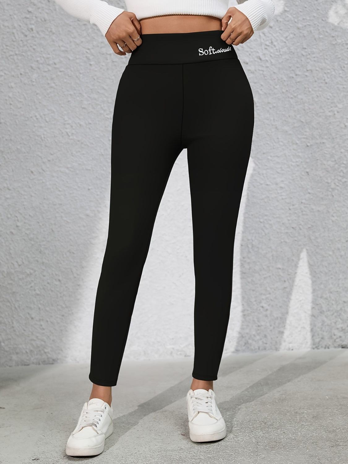 Full Size Letter Embroidered High Waist Leggings Black