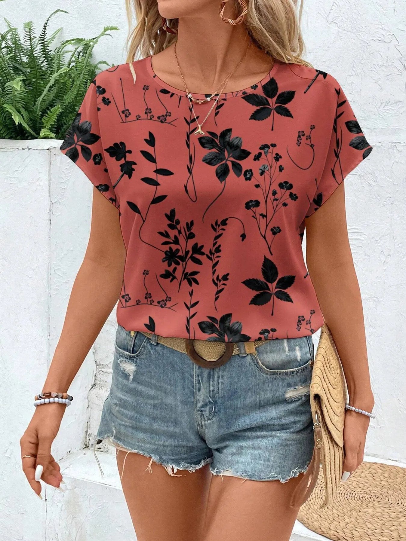 Printed Round Neck Short Sleeve Blouse