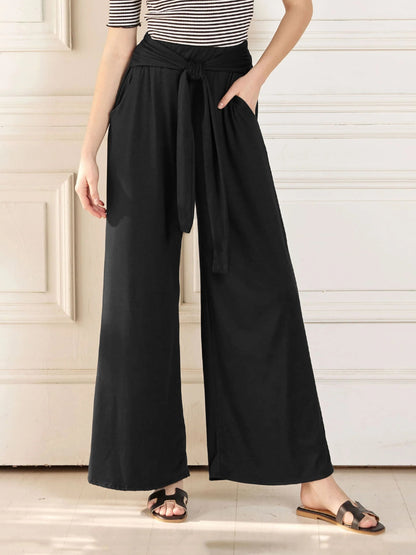 Tied Wide Leg Pants with Pockets Black