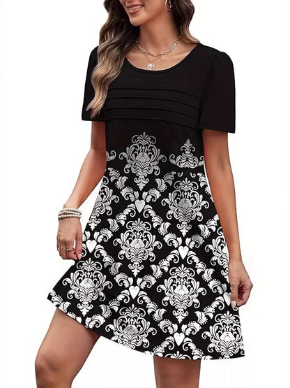 Printed Round Neck Short Sleeve Dress