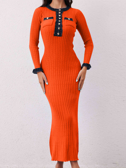 Contrast Trim Round Neck Long Sleeve Sweater Dress Orange-Red One Size