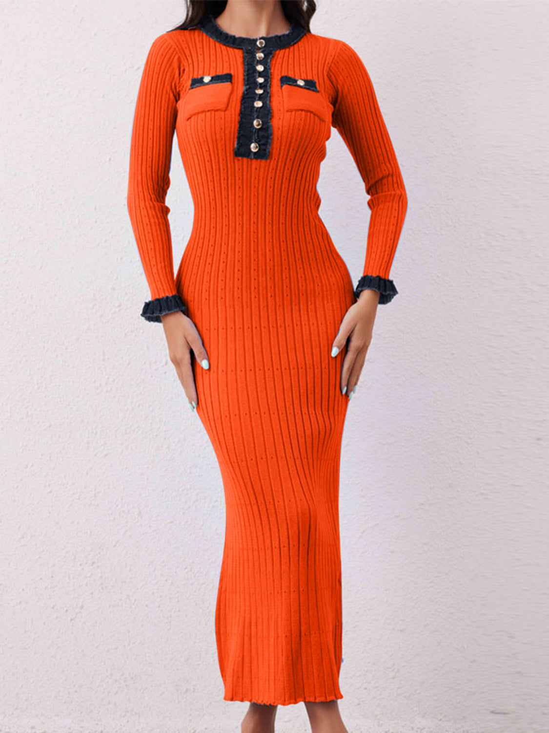 Contrast Trim Round Neck Long Sleeve Sweater Dress Orange-Red One Size