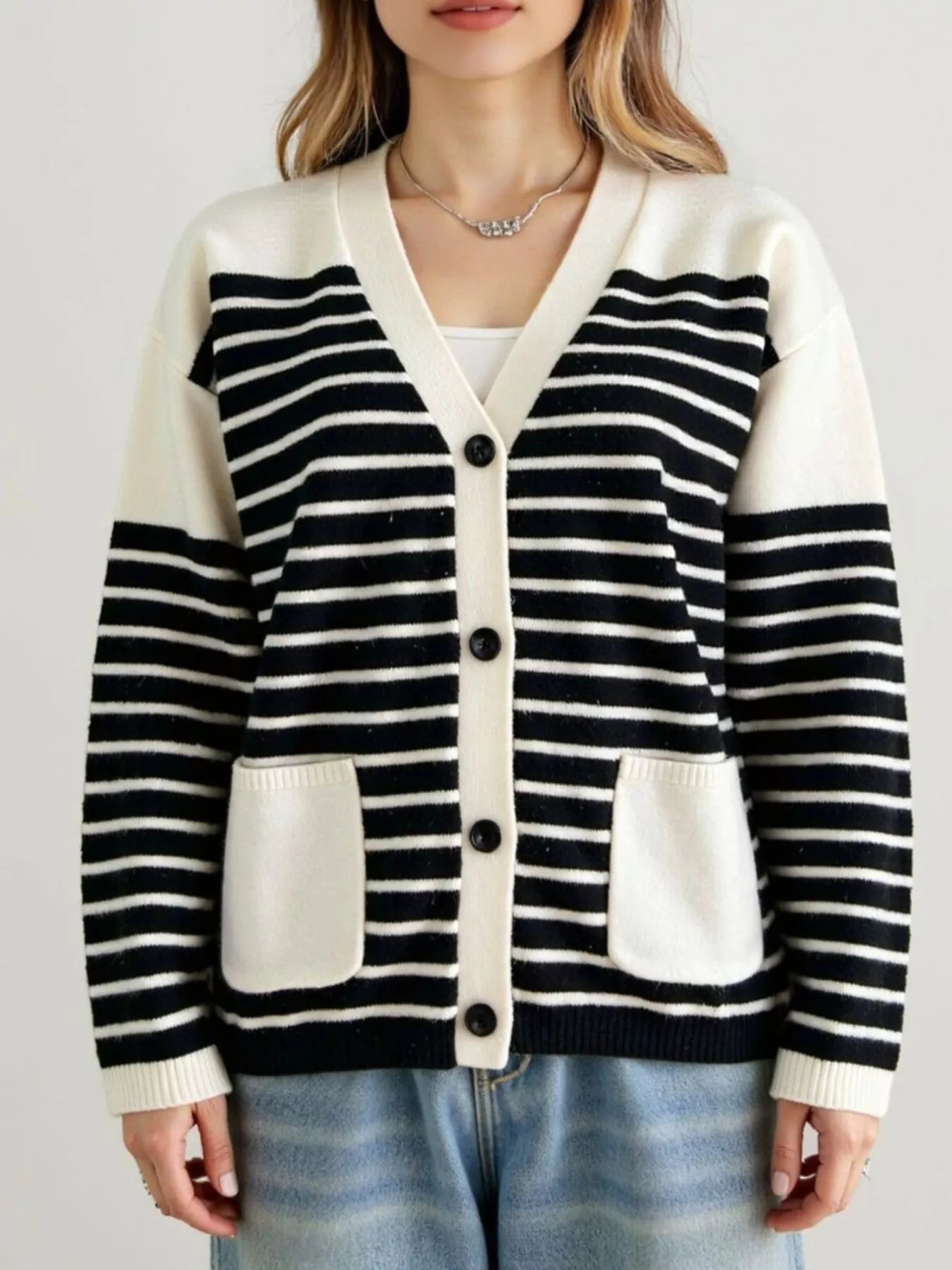 Striped Button-Down Knit Cardigan Black