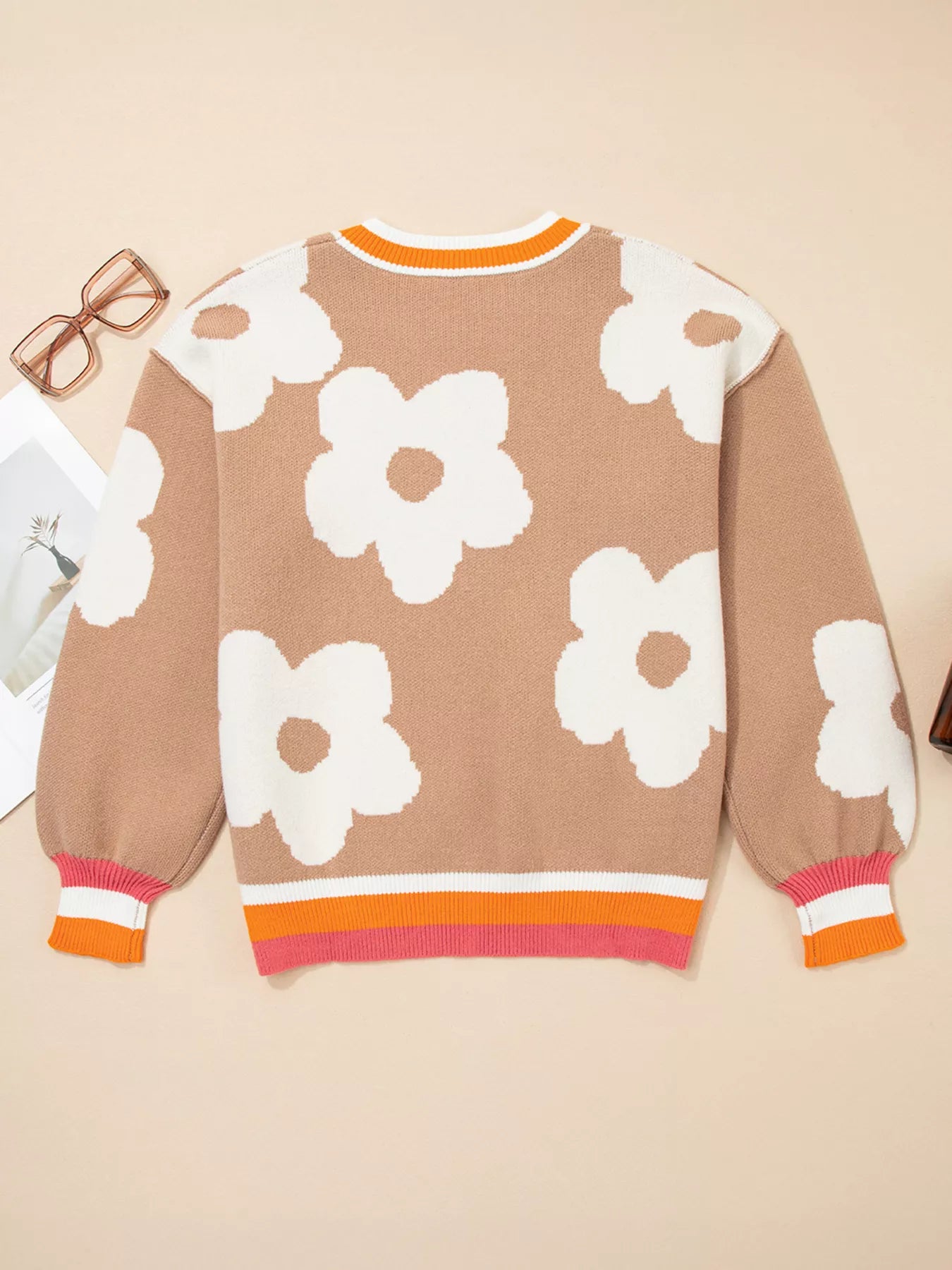 Flower Pattern Contrast Striped Baggy Sweater
