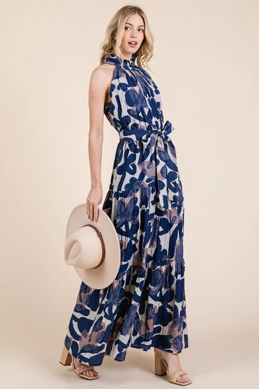 Lime 'N' Chili Abstract Halter Neck Tie-Waist Tiered Maxi Dress