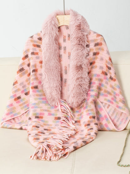 Fringe Fuzzy Open Front Poncho Watermelon pink One Size