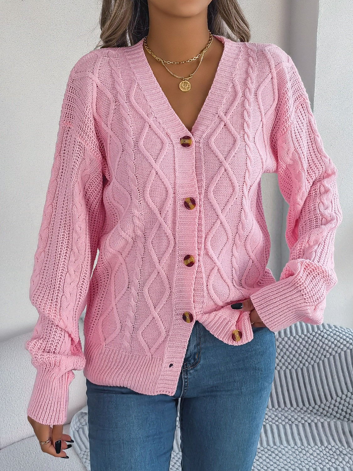 Cable-Knit Long Sleeve Cardigan Blush Pink