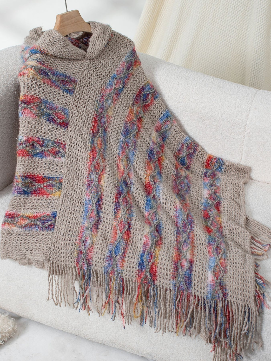 Fringe Contrast Hooded Poncho Mocha One Size