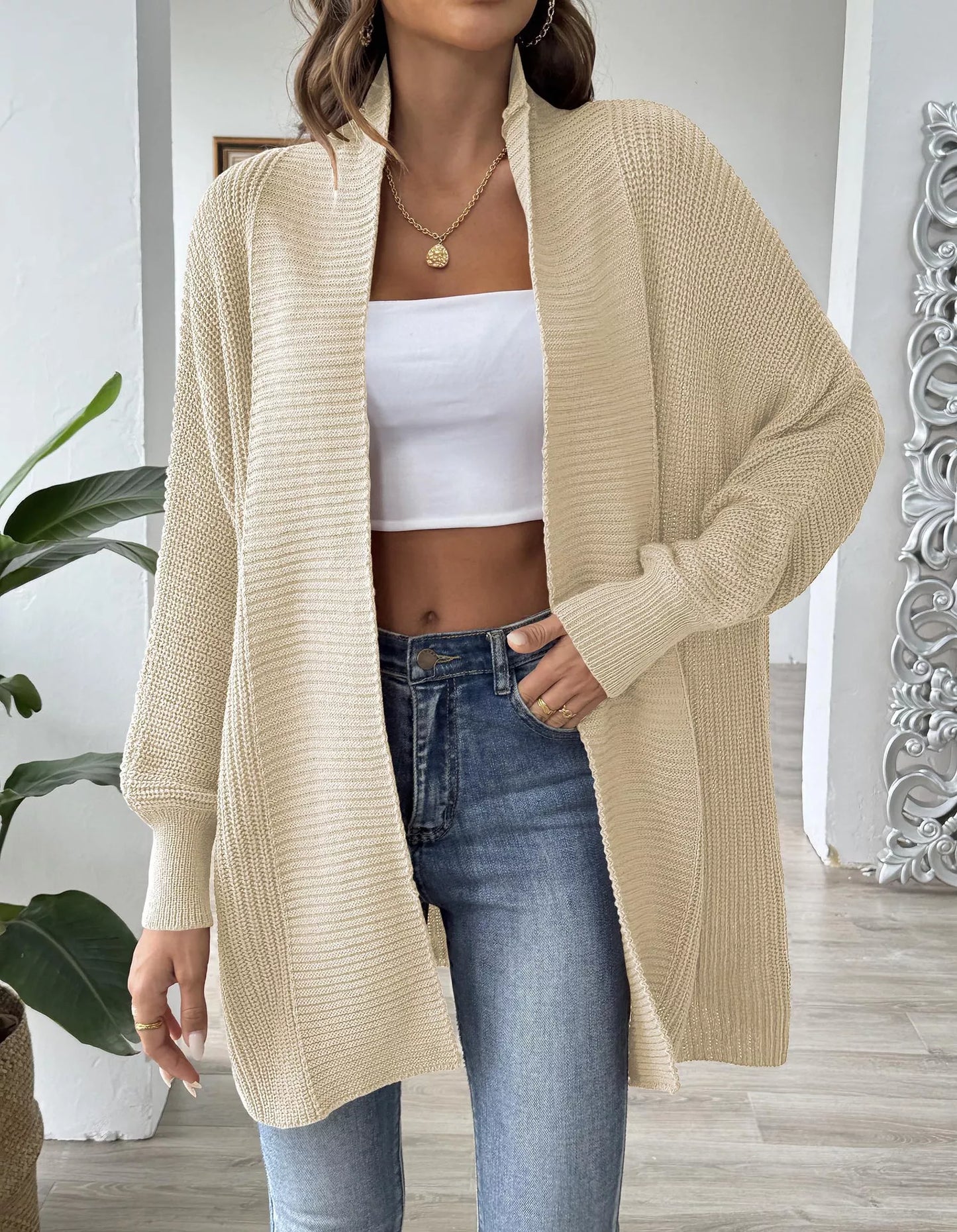 Open Front Ribbed Knit Cardigan Tan One Size