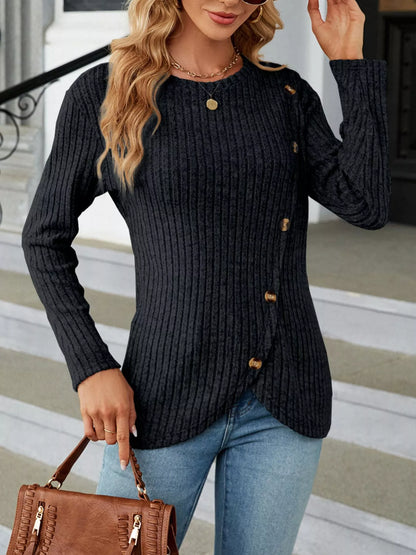 Ribbed Knit Decor Button T-Shirt