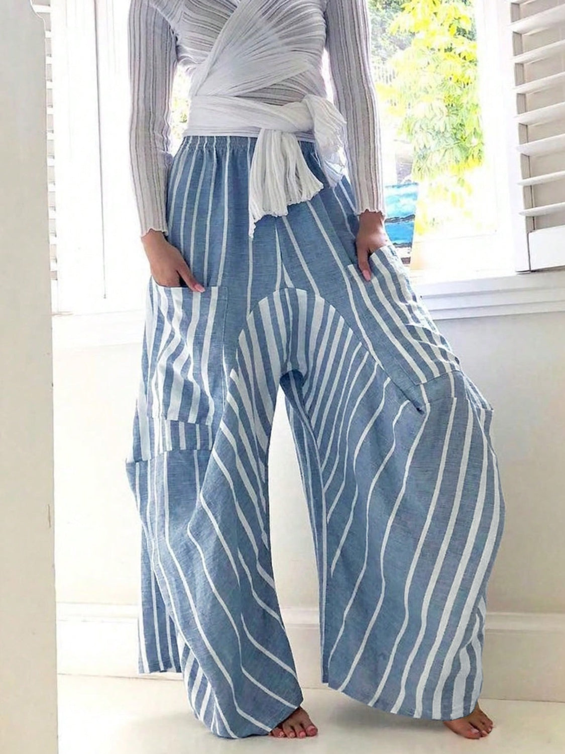 Striped Elastic Waist Wide Leg Pants Light Blue