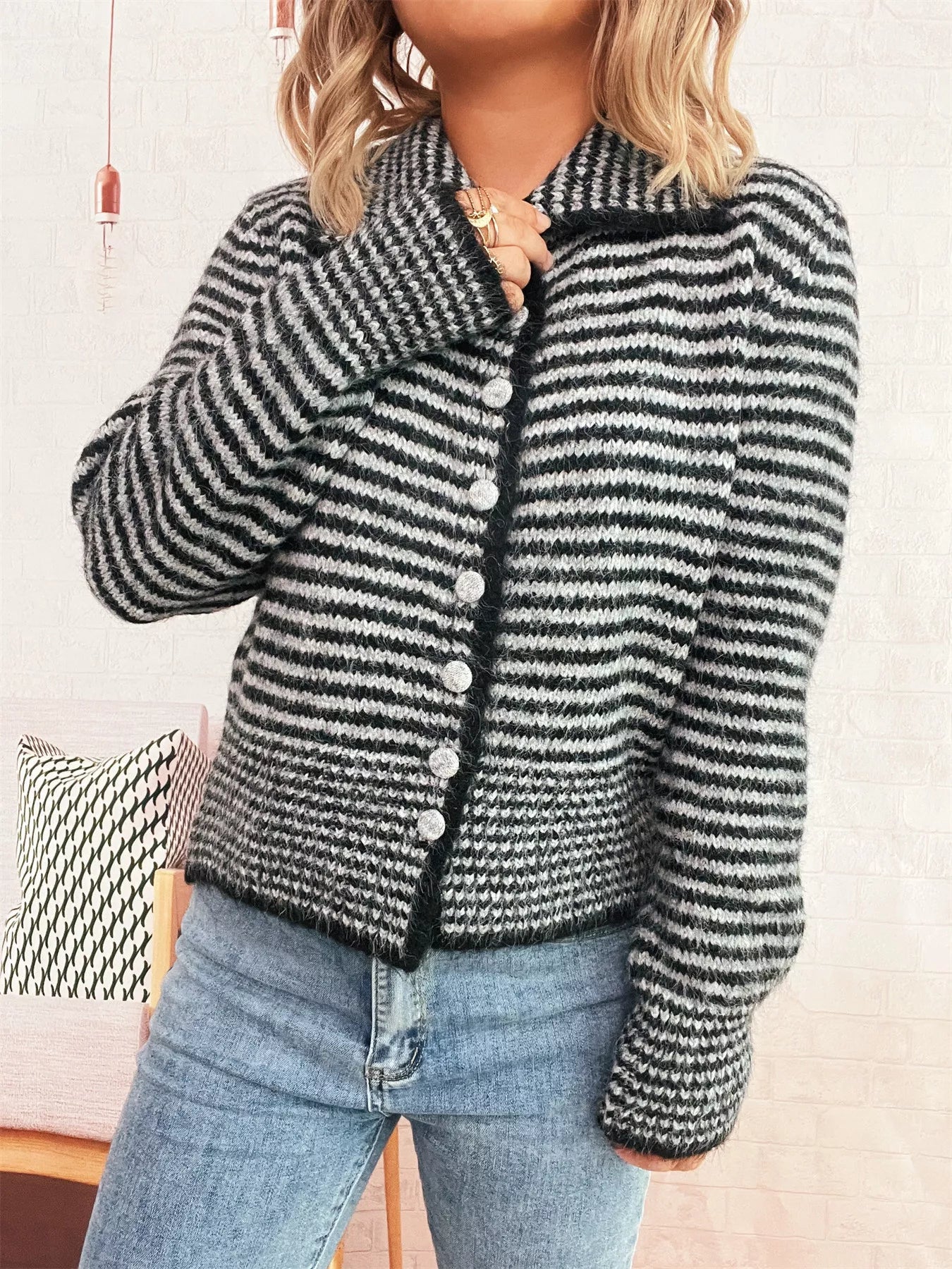 Striped Button-Up Long Sleeve Cardigan Black One Size