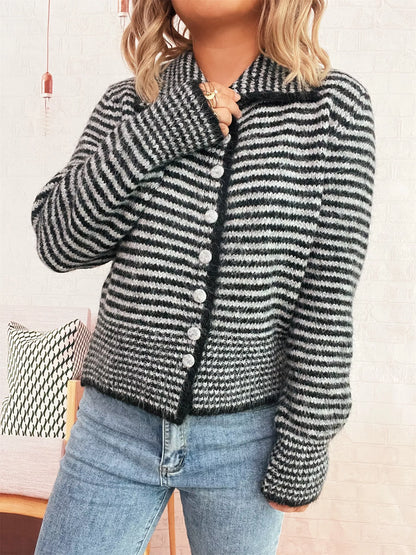 Striped Button-Up Long Sleeve Cardigan Black One Size