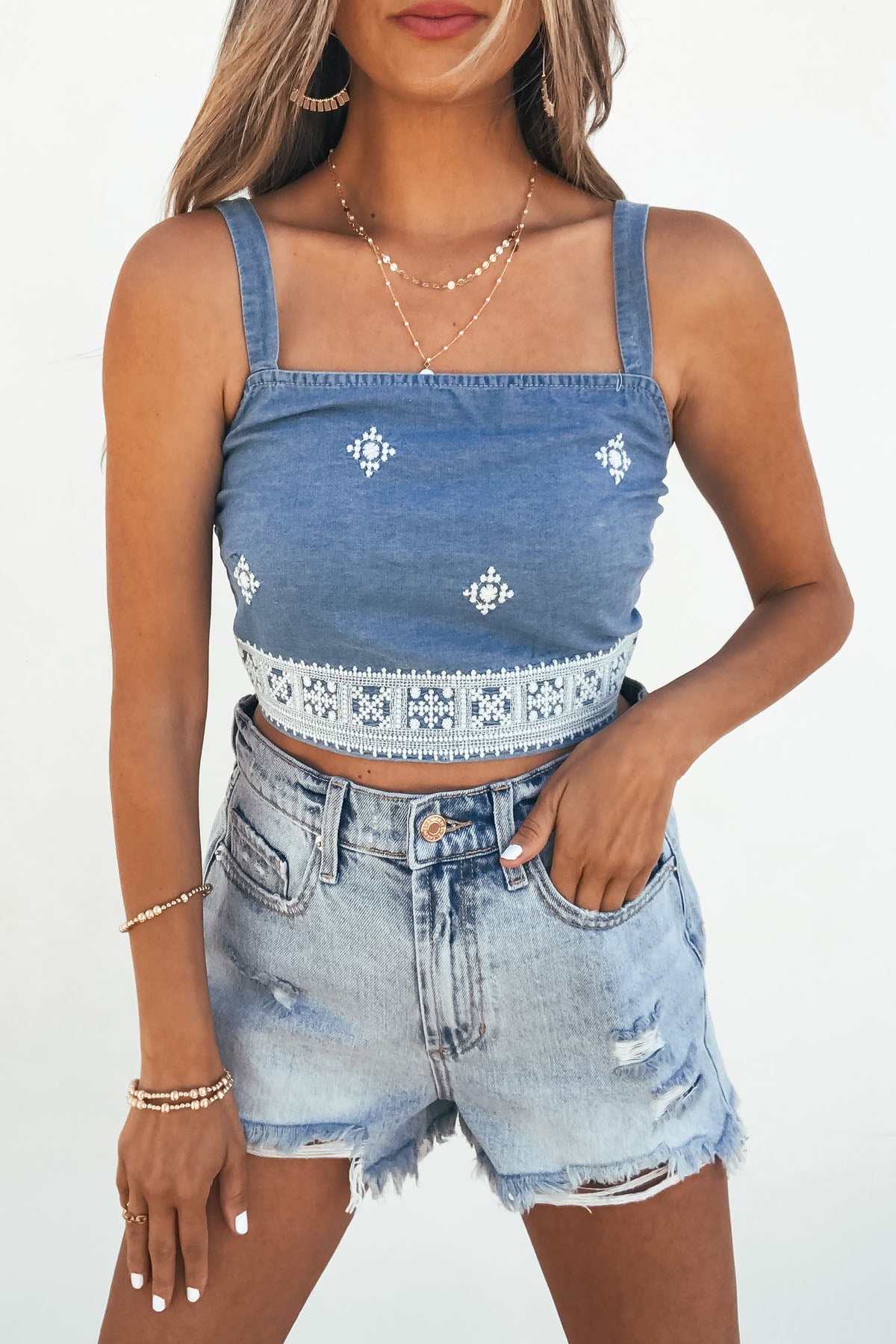 Chambray Diamond Shape Eyelet Smocked Tank Top - FINAL SALE