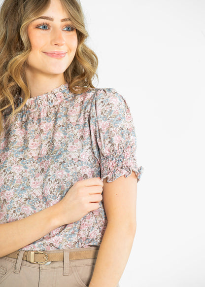 Clara Floral Ruffle Mockneck Short Sleeve Top - FINAL SALE