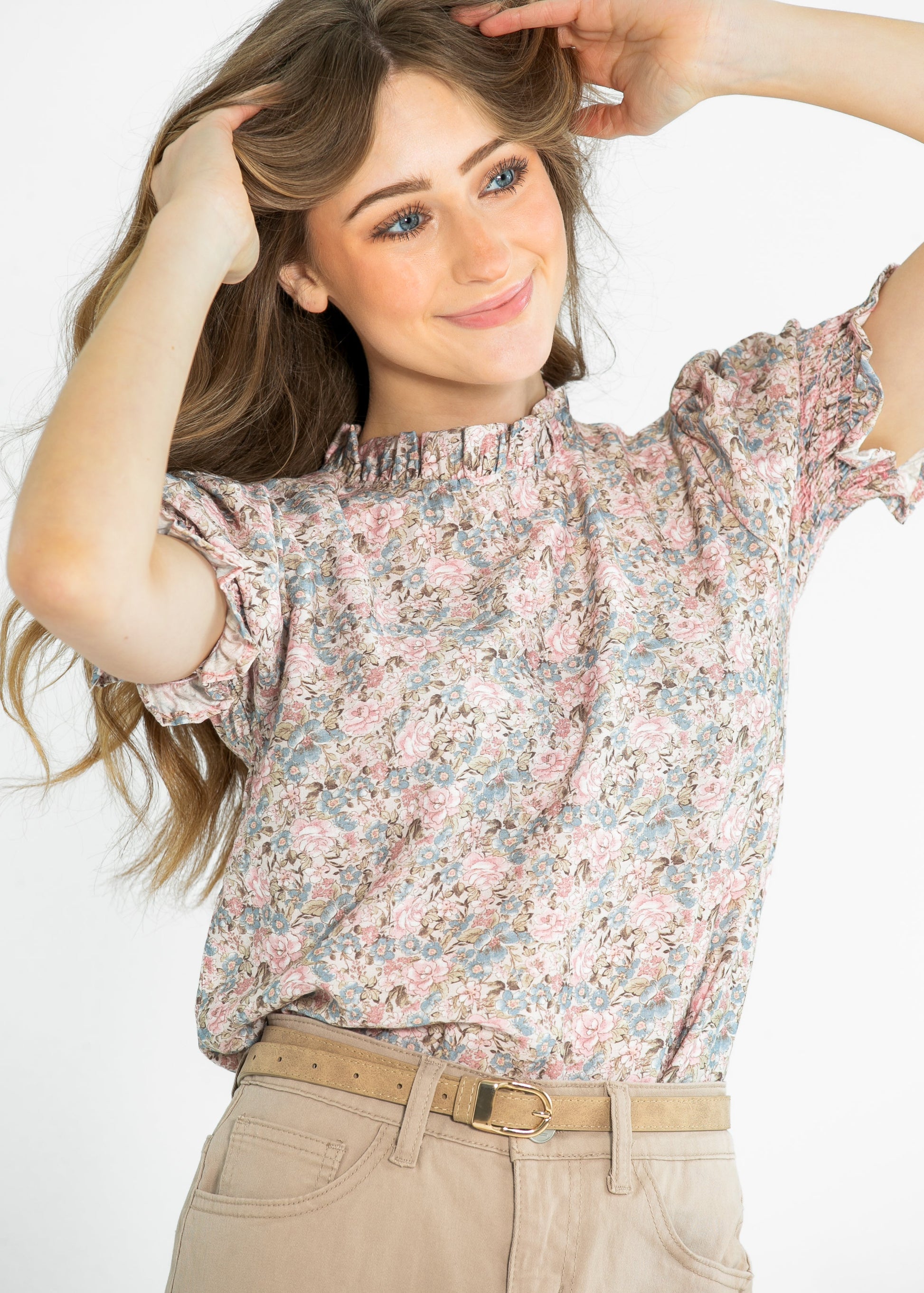 Clara Floral Ruffle Mockneck Short Sleeve Top - FINAL SALE