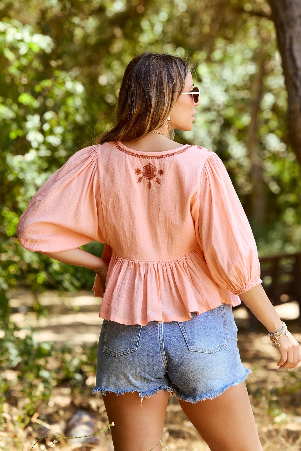 Coral Tie Front Embroidered Peplum Top - FINAL SALE