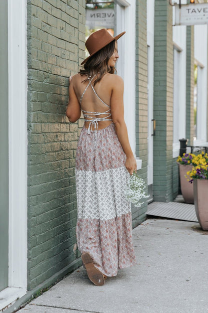 Cream Color Block Halter Maxi Dress - FINAL SALE