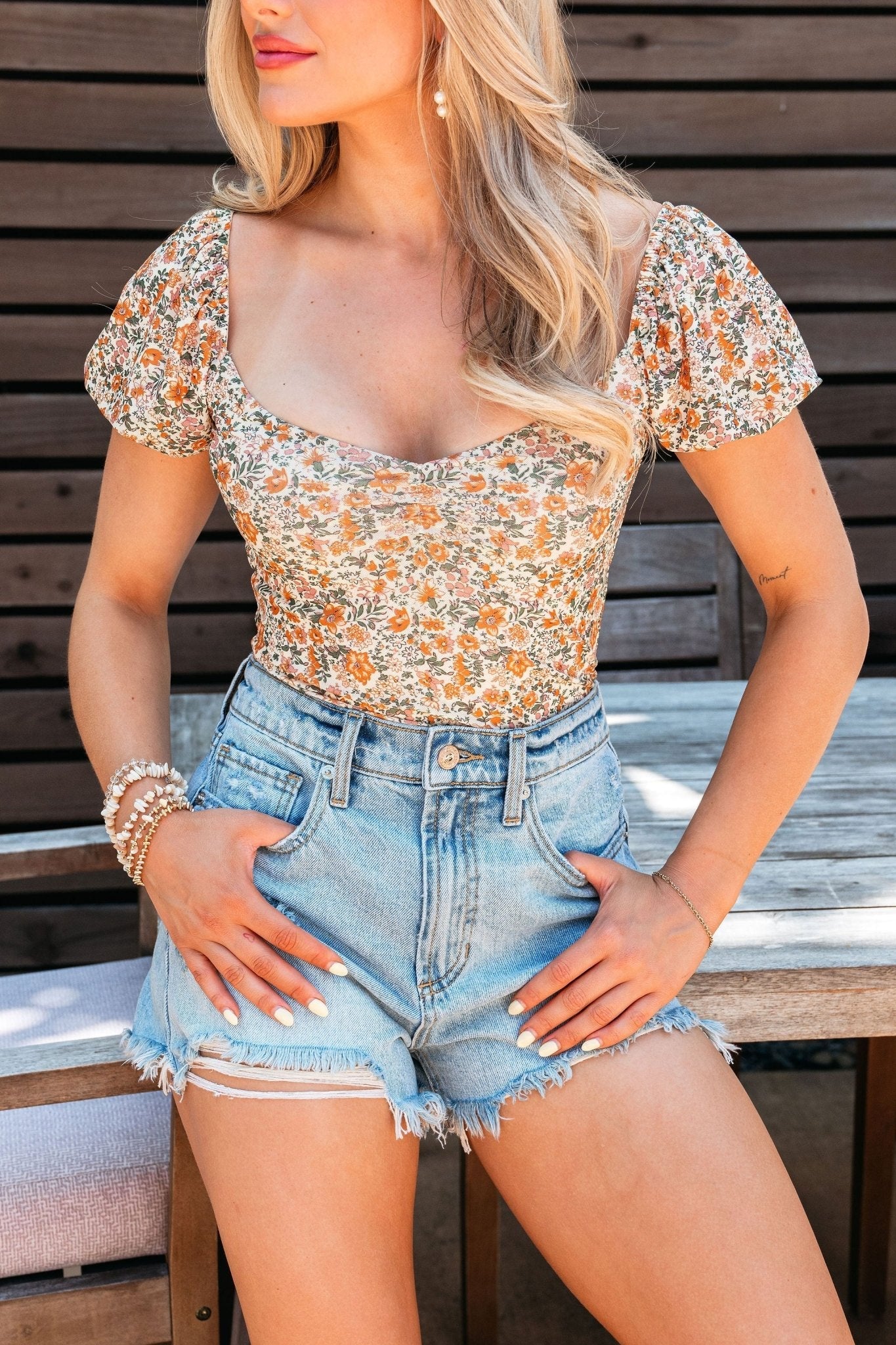 Cream Floral Print Puff Sleeve Bodysuit - FINAL SALE