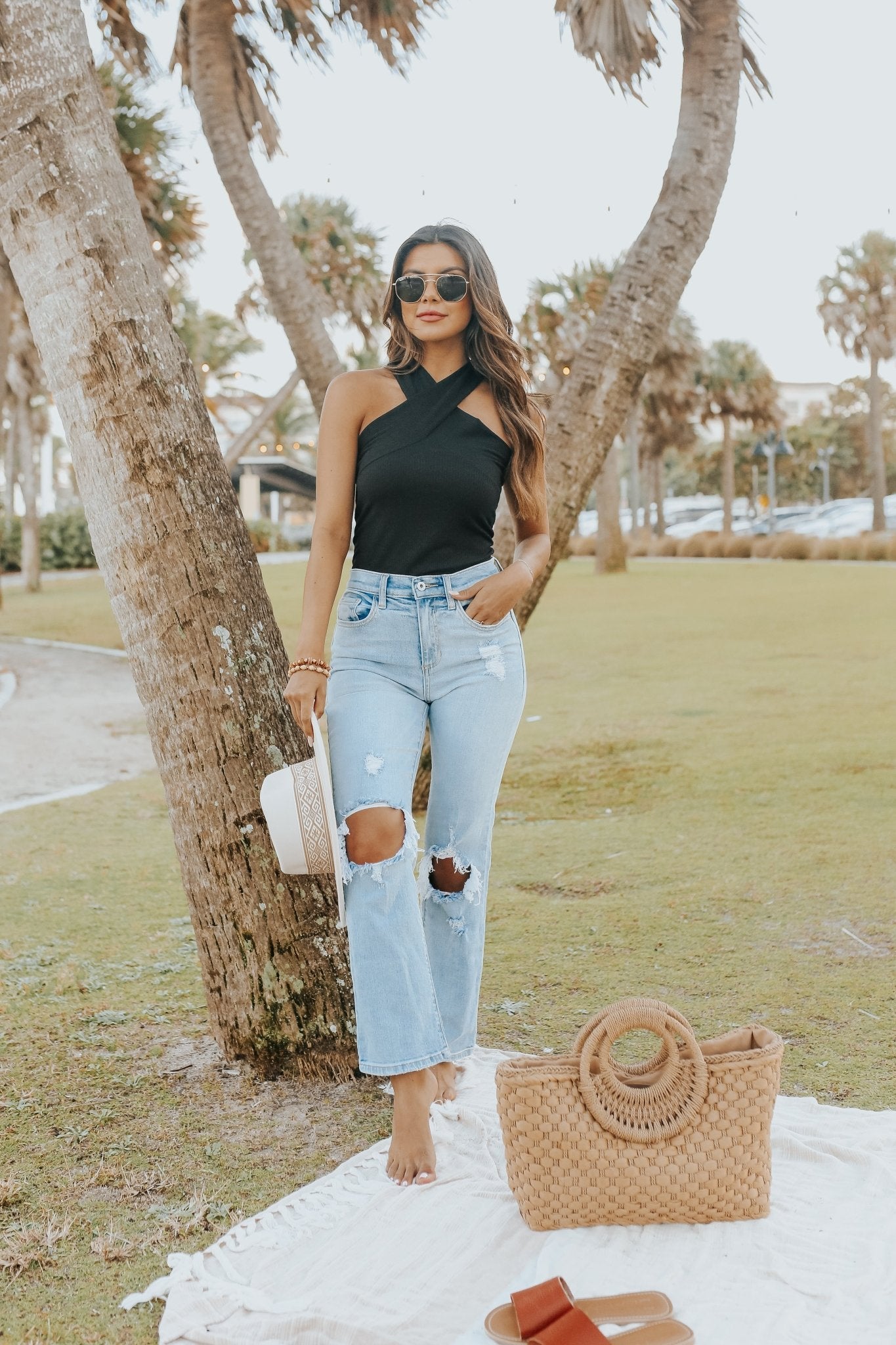 Cross Front Halter Ribbed Bodysuit - FINAL SALE