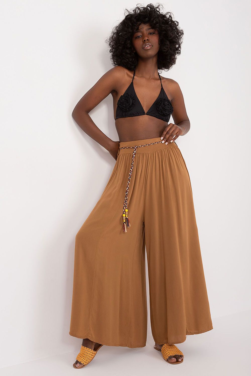 Women's High Waist Wide Leg Viscose Trousers - Elastic Waist with Tie Belt