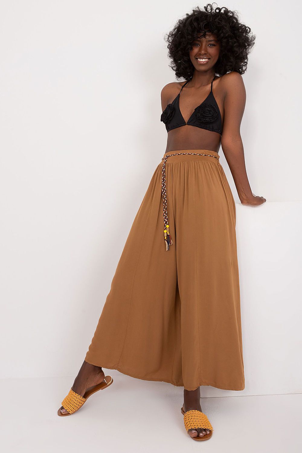 Women's High Waist Wide Leg Viscose Trousers - Elastic Waist with Tie Belt