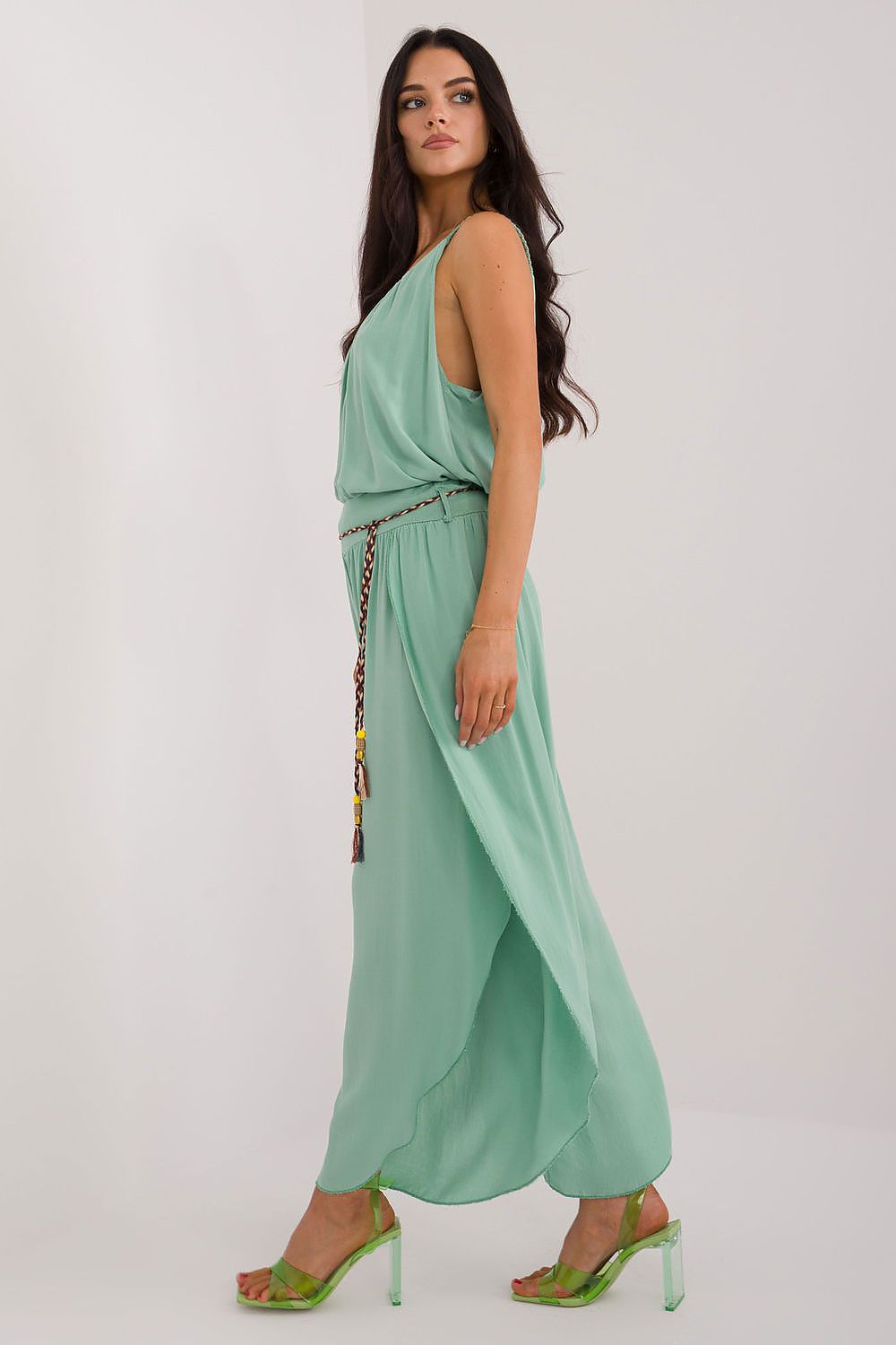 Women's High Waist Viscose Trousers - Airy Pants with Decorative Tie