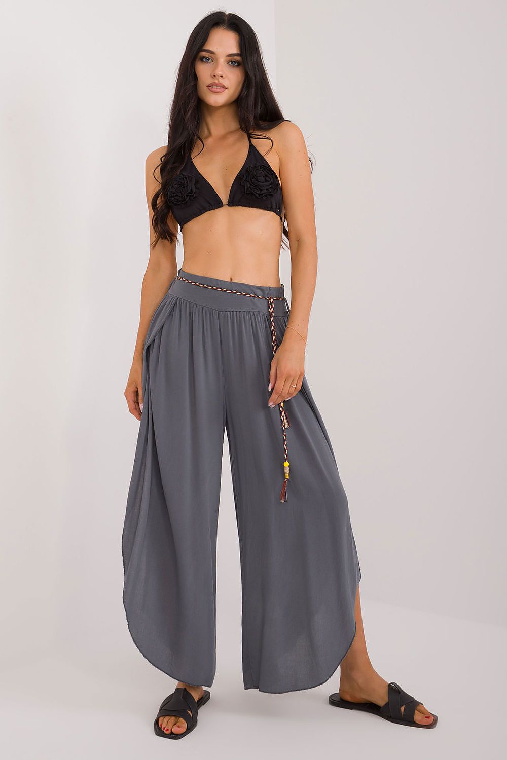Women's High Waist Viscose Trousers - Airy Pants with Decorative Tie grey