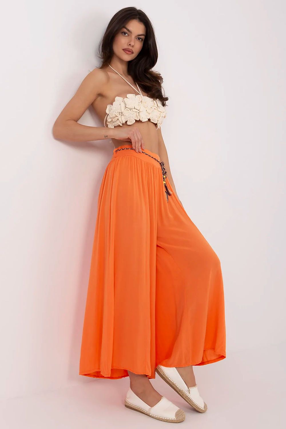 Women's High Waist Wide Leg Viscose Trousers - Elastic Waist with Tie Belt