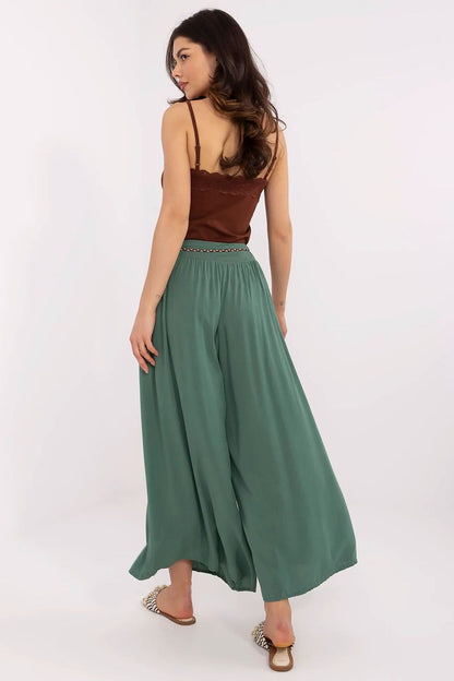 Women's High Waist Wide Leg Viscose Trousers - Elastic Waist with Tie Belt