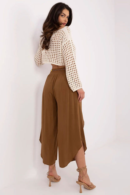 Women's High Waist Viscose Trousers - Airy Pants with Decorative Tie