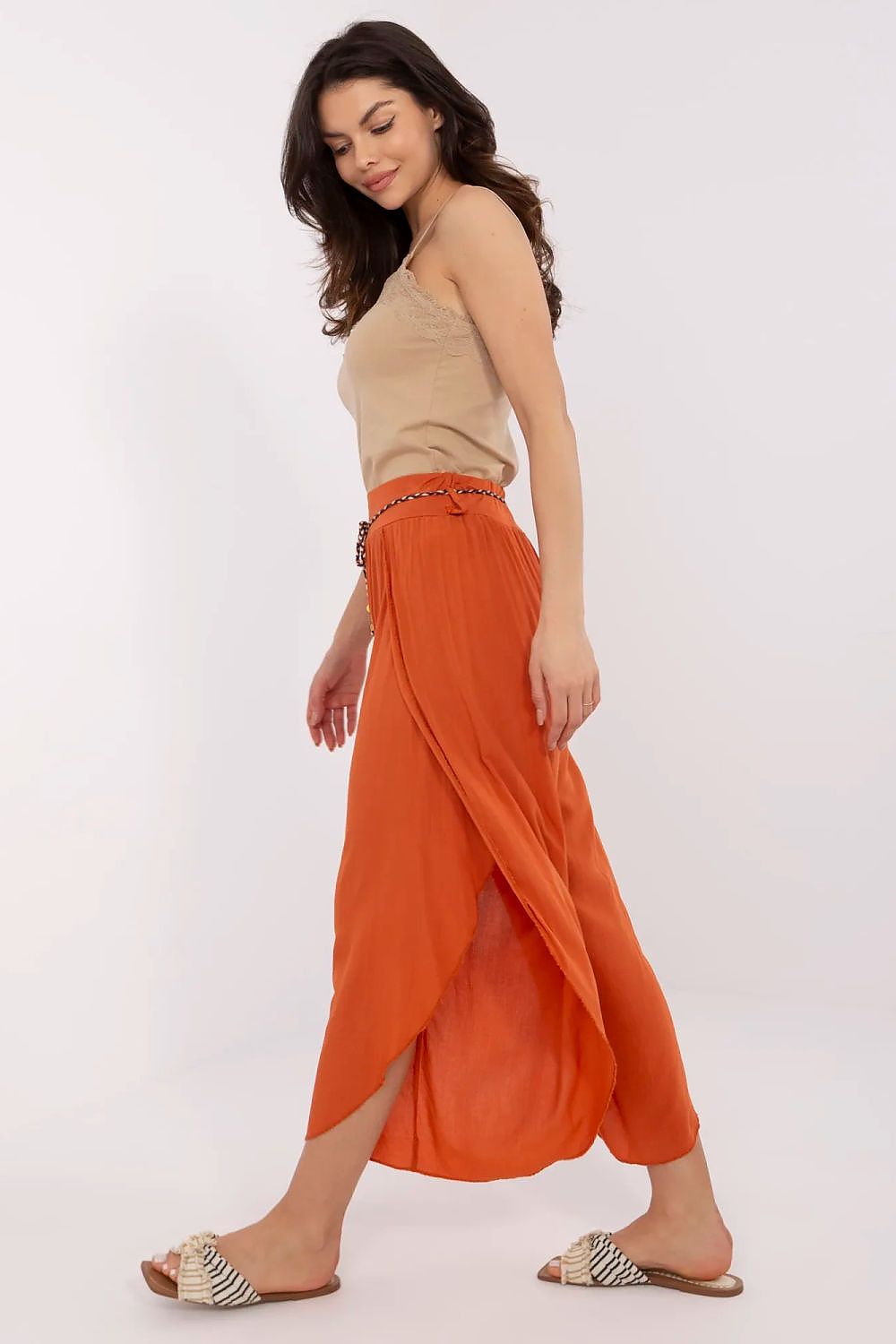 Women's High Waist Viscose Trousers - Airy Pants with Decorative Tie